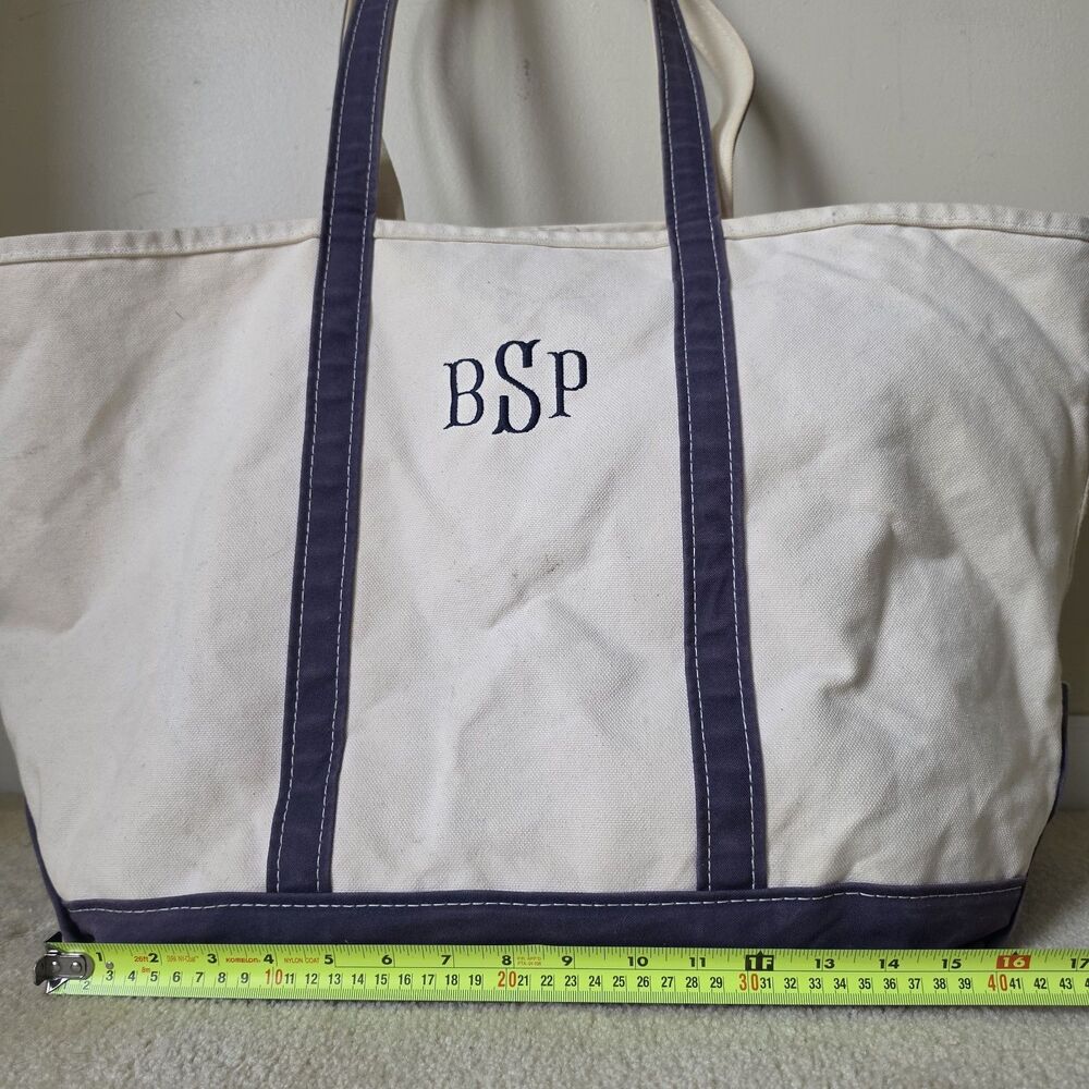 Vintage LL Bean Tote Bag XL Cream/Navy Canvas - Picture 2 of 12